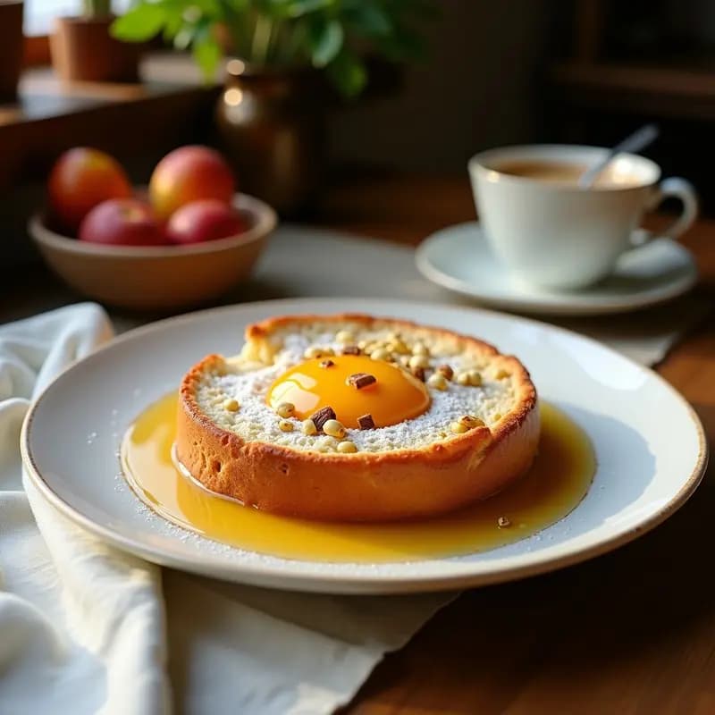 Pan de espelta dorado con semillas de lino y pasas visibles en la corteza, cortado en rodajas gruesas sobre una tabla de madera rústica. Textura esponjosa y humeante, ideal para desayuno sin gluten.