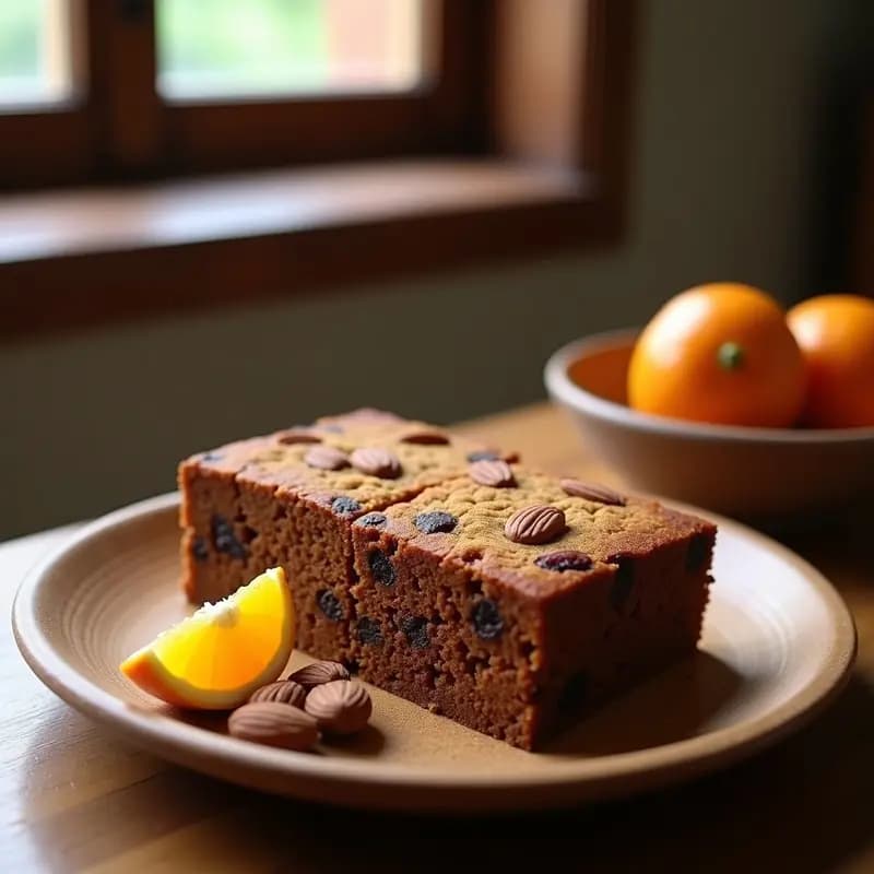 Pan de higo con almendras y ralladura de naranja cortado en cuadrados, con trocitos de almendra visibles y un toque de canela espolvoreada, sobre un plato de madera rústico con una rodaja de naranja al lado.