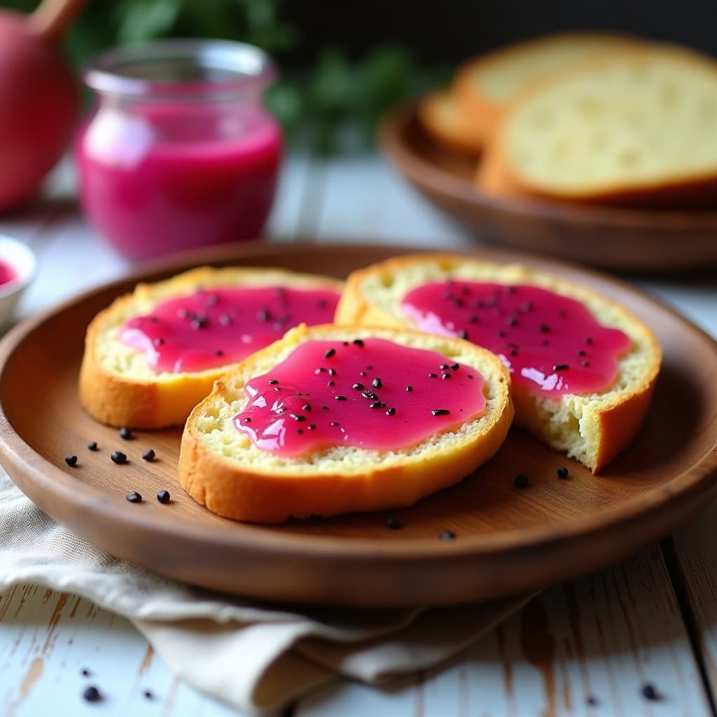 Pan de maíz y chía dorado en rebanadas sobre un plato de madera rústico, acompañado de mermelada de pitahaya rosa vibrante. Desayuno colombiano sin harina, esponjoso y saludable.