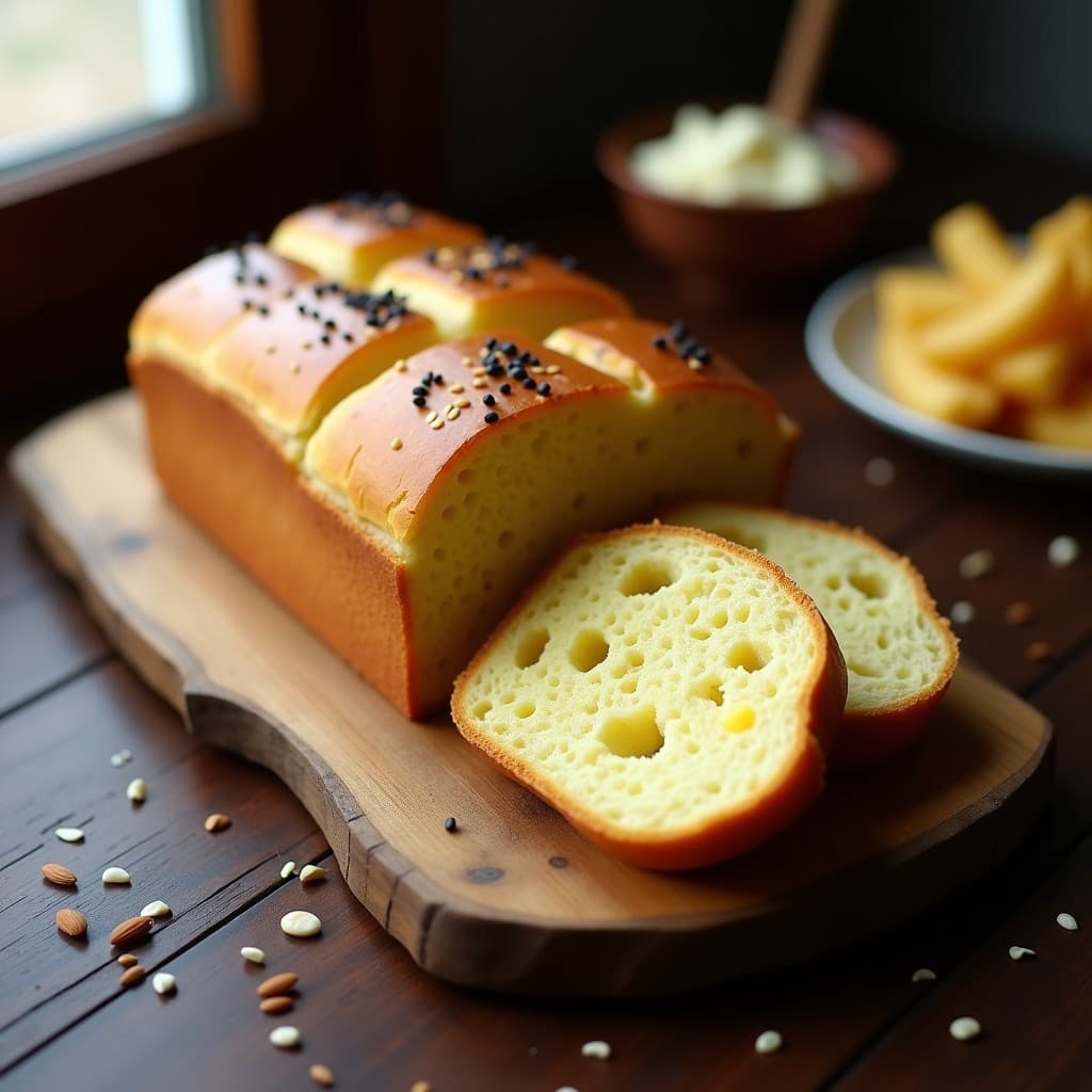 Pan de maíz y yuca dorado con queso de almendras fundido y semillas de sésamo negro, cortado en porciones sobre una tabla de madera rústica, receta sin gluten y sin lactosa.