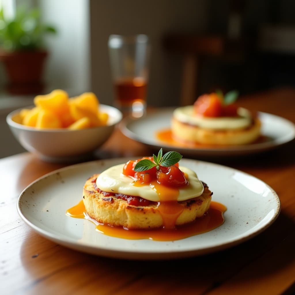 Panecillos dorados de mandioca con queso coalho, esponjosos y humeantes, servidos en una bandeja de madera rústica con un tarro de mermelada de cajá al lado. Receta de pan de mandioca brasilero sin gluten.