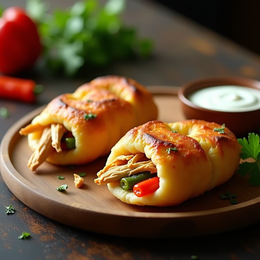 Pan de mandioca dorado y crujiente relleno de pollo desmenuzado y pimientos asados, servido en un plato de barro con hierbas frescas al lado, receta paraguaya en airfryer.