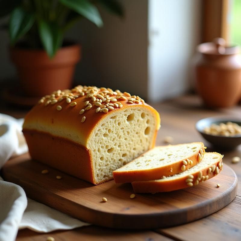 Pan de molde dorado con semillas de girasol tostadas en la superficie, cortado en rebanadas gruesas y servido en una tabla de madera rústica. Textura esponjosa y migaja uniforme, ideal para tupper sin gluten.