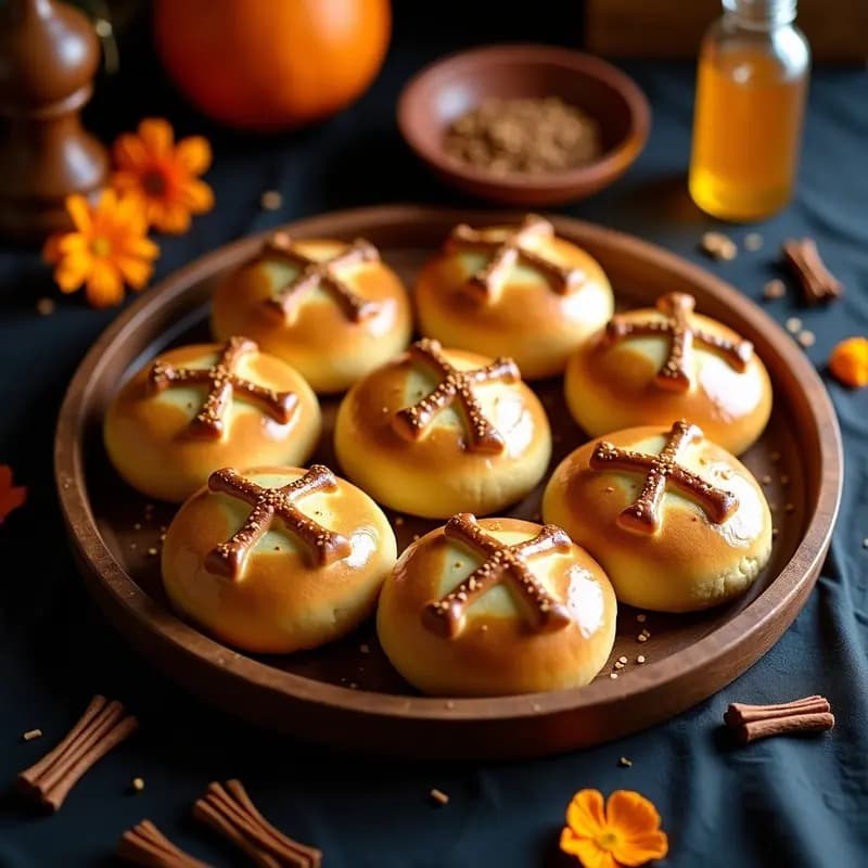Pan de muerto tradicional mexicano sin azúcar, decorado con cruces de masa, esencia de azahar y semillas de anís, sobre una bandeja de madera rústica con telas de colores para Día de Muertos.