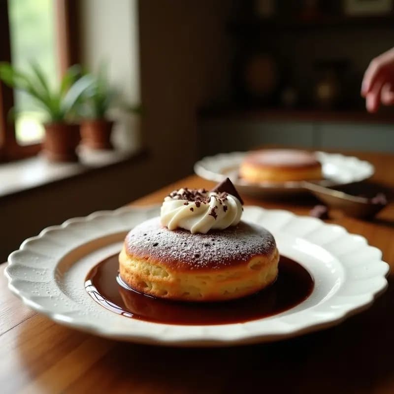 Pan de Muerto Mexicano sin gluten con relleno de chocolate negro y arequipe, decorado con líneas de arequipe en cruz sobre azúcar glas, sobre un plato de barro rústico con hojas de papel de horno y semillas de cacao esparcidas.