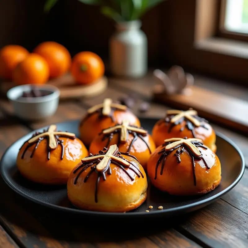 Pan de Muerto tradicional mexicano sin lactosa, decorado con cruces de chocolate negro y espolvoreado con azúcar glass, sobre una mesa rústica de madera con hojas de naranja y semillas de anís al fondo.
