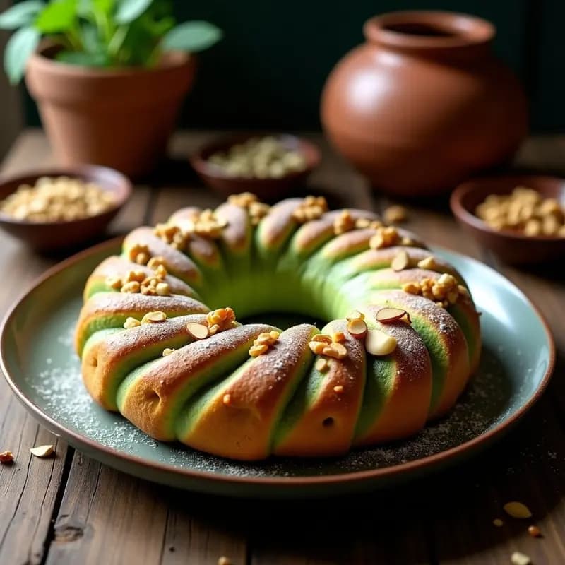 Pan de Muerto de Matcha y Frutos Secos sobre fondo rústico de madera, con su forma tradicional de bola aplanada, cubierto de almendras, nueces y piñones dorados. El color verde pálido del matcha contrasta con el marrón de los frutos secos y el blanco del azúcar glass espolvoreado.