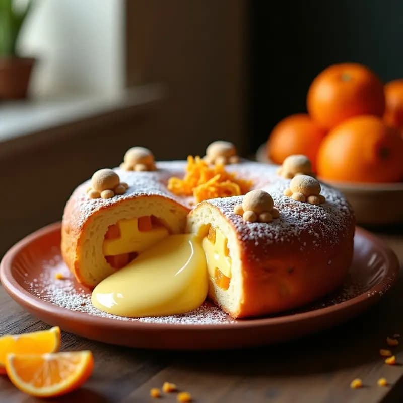 Pan de Muerto tradicional mexicano sin gluten, relleno de crema pastelera amarilla y decorado con frutas confitadas de naranja y higo, glaseado con miel de agave y semillas de amapola, sobre un plato de cerámica negra con detalles dorados.