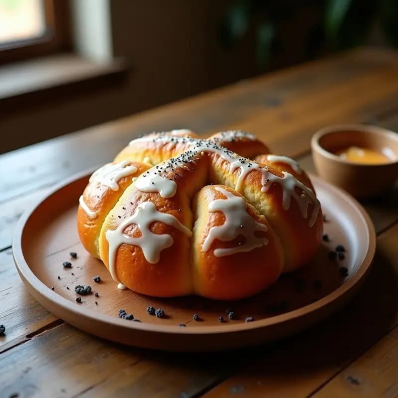 Pan de Muerto Vegano con esencia de azahar y semillas de amapola, decorado con glaseado blanco y semillas negras, sobre una bandeja de madera rústica con detalles mexicanos tradicionales.