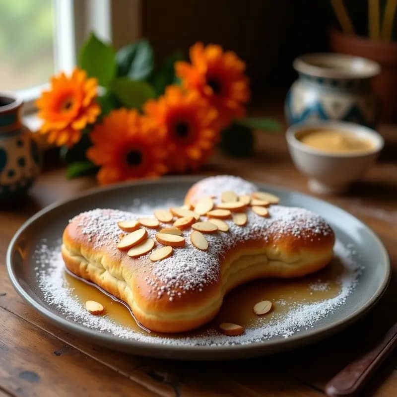 Pan de Muerto Vegano dorado con esencia de flor de azahar, decorado con azúcar glass y almendras fileteadas, sobre un mantel rústico mexicano con detalles de Día de Muertos.