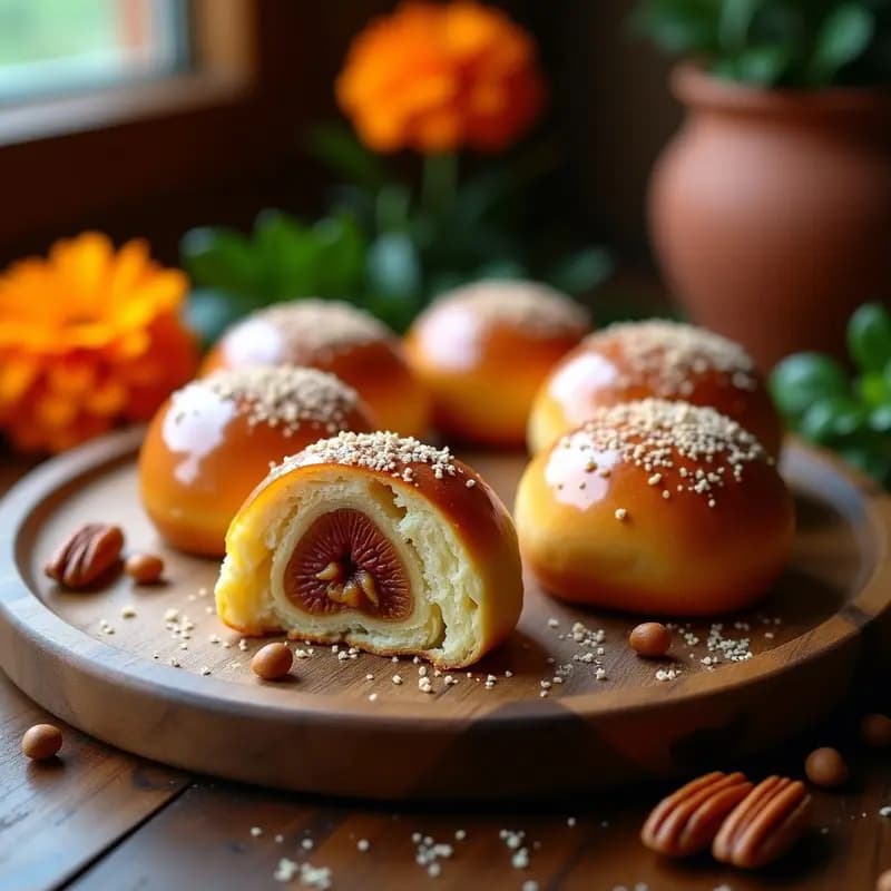Pan de Muerto vegano con higos y nuez en bandeja de madera rústica, dorados y esponjosos, con trozos de higo caramelizado y nuez picada visibles en el corte, decorados con azúcar y agua de azahar, fondo de día de muertos con flores de cempasúchil.