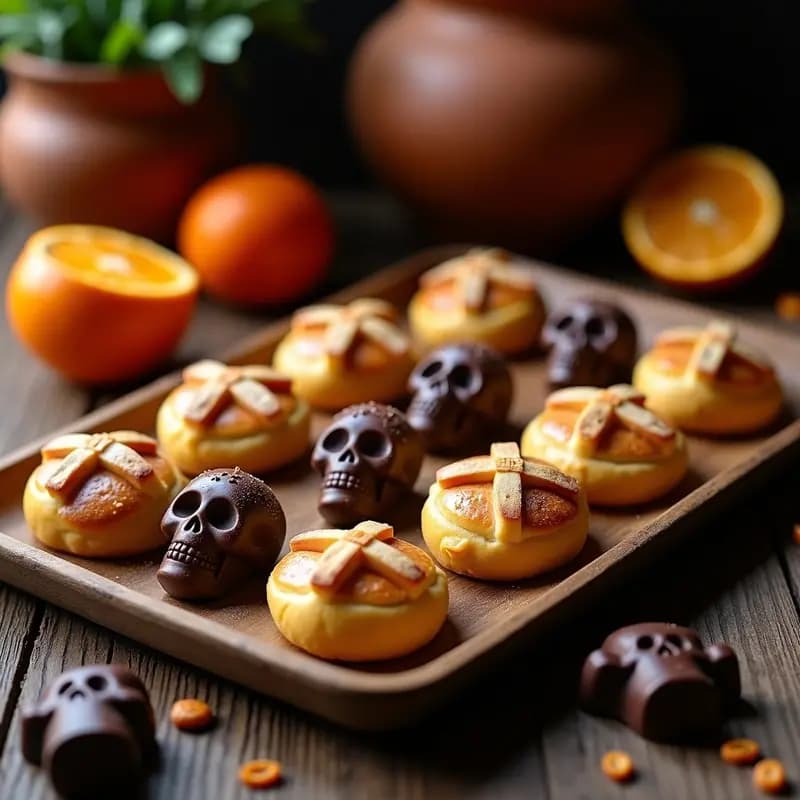 Pan de los Muertos tradicional mexicano con esencia de azahar, decorado con figuras de chocolate negro en forma de calaveras y cruces, sobre una bandeja de madera rústica con almendras fileteadas y azúcar glass espolvoreada.