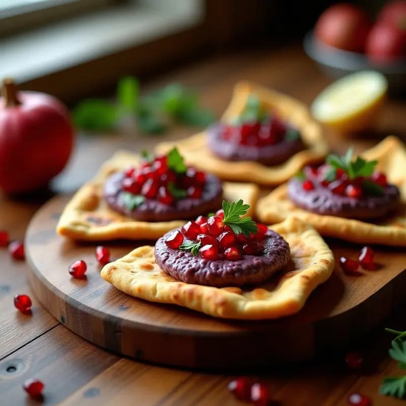 Plato de madera rústico con aperitivos de pan de pita tostado sin gluten, cubiertos de cremoso babaganoush y decorados con granos de granada rojos brillantes, perejil fresco y un hilo de aceite de oliva. Receta de entrante oriental sin gluten.