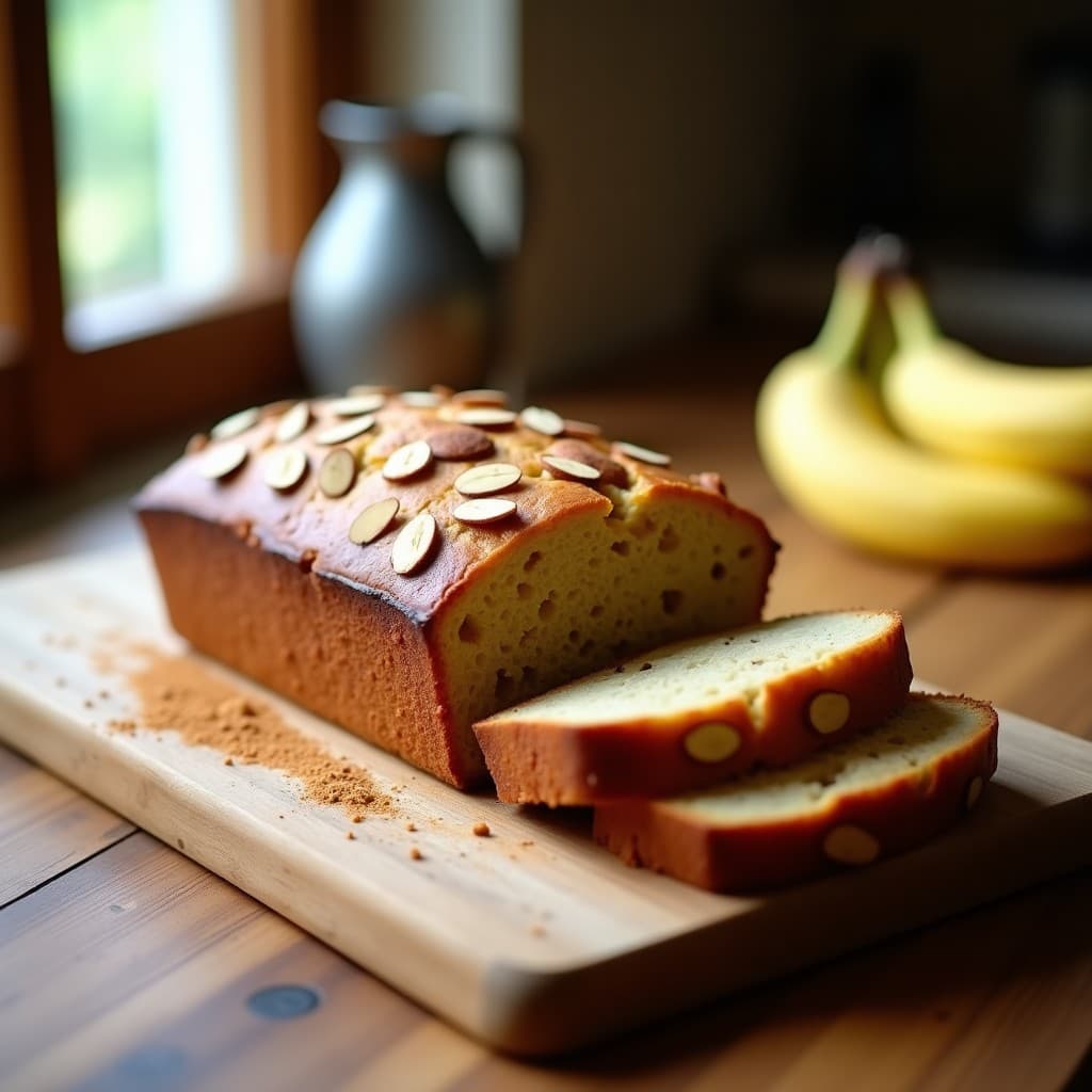 Pan de plátano y almendra sin gluten recién horneado en molde rectangular, dorado con almendras fileteadas en la superficie, cortado en rebanadas gruesas sobre tabla de madera rústica, con fondo de canela espolvoreada y plátanos frescos.
