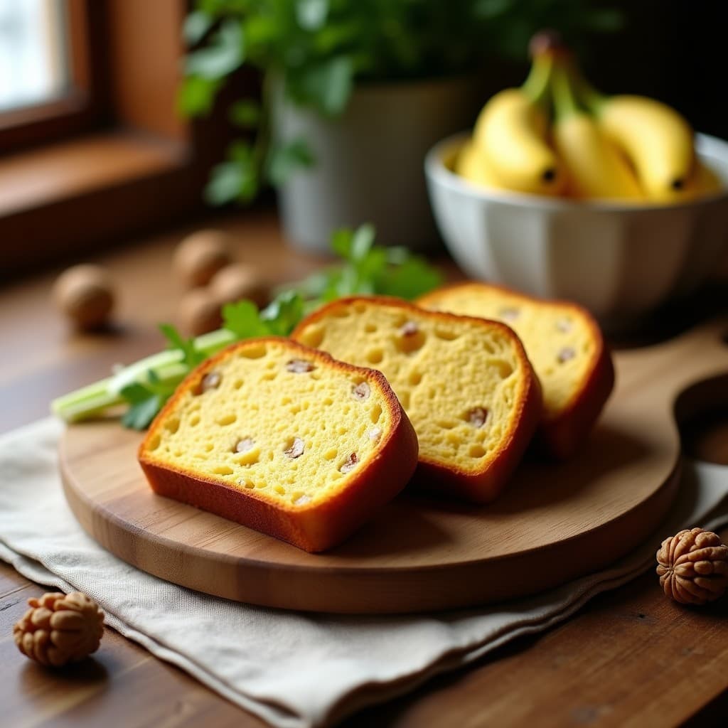 Pan de plátano y apio con nueces en rodajas, dorado y esponjoso, con trocitos de nueces pecanas visibles. Servido sobre una tabla de madera rústica con un fondo de hojas de apio frescas. Desayuno amarillo sin gluten en airfryer.