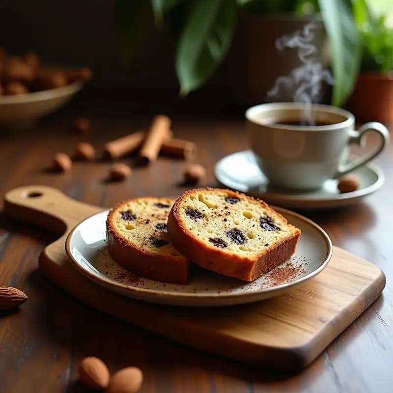 Pan de plátano keto recién horneado con trozos de chocolate 85% derritiéndose, espolvoreado con canela y semillas de chía, servido en rodajas sobre una tabla de madera rústica con un café colombiano al lado.