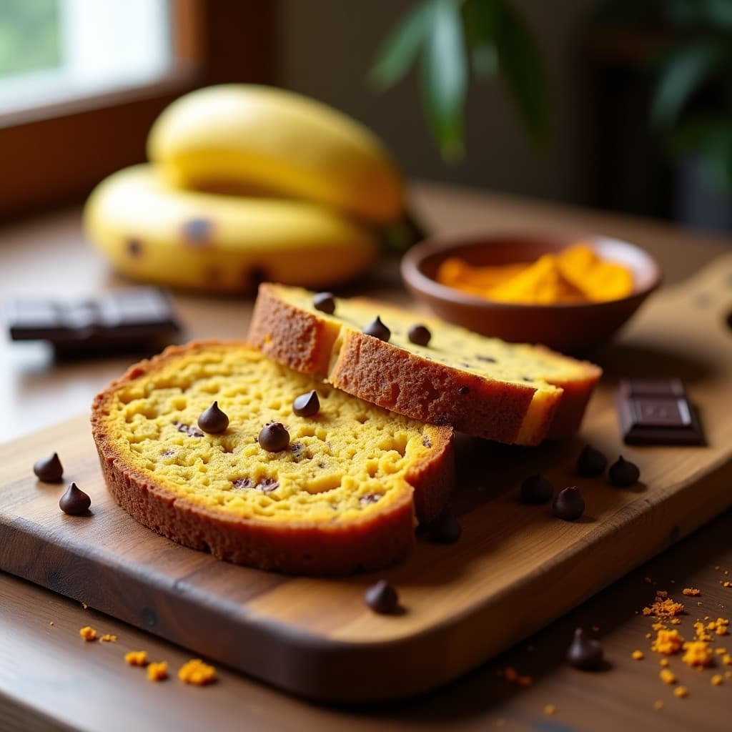 Pan de plátano y cúrcuma con chips de chocolate 90% cortado en rodajas gruesas, mostrando su miga dorada y húmeda con trocitos de chocolate derretido. Servido sobre una tabla de madera rústica con un fondo borroso de ingredientes como plátanos, cúrcuma en polvo y semillas de chía.