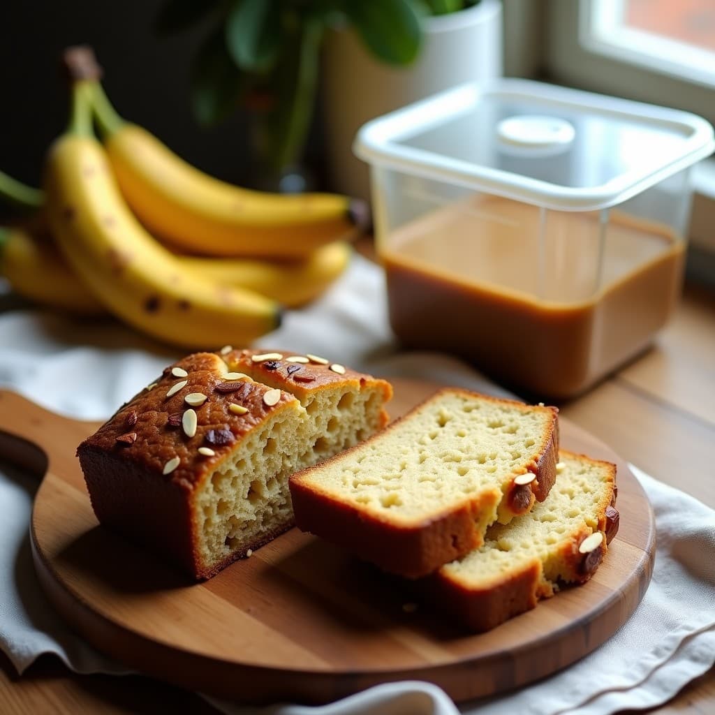 Pan de plátano macho sin gluten cortado en rebanadas, con semillas de amaranto tostadas y almendras fileteadas en la superficie, servido sobre una tabla de madera rústica con un tupper de fondo.