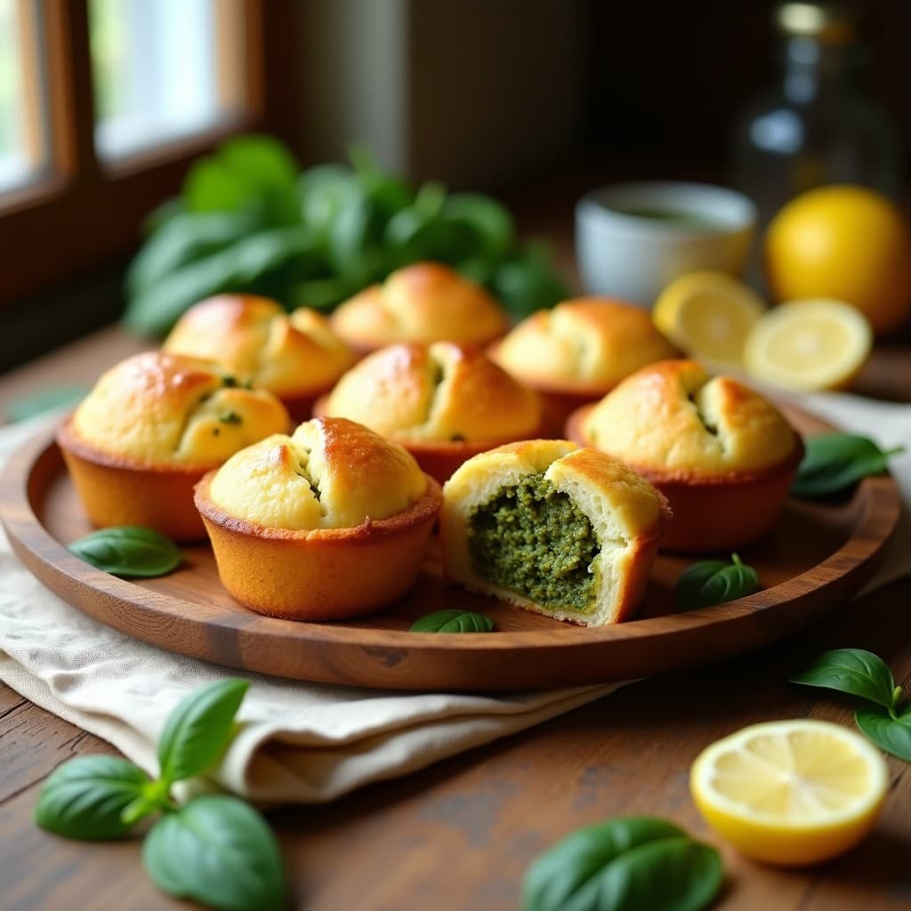 Panecillos dorados y esponjosos de queso y harina de almendra, rellenos de pesto verde, dispuestos en una bandeja de madera rústica con hierbas frescas y limones al fondo. Receta sin gluten de pan de queso brasileño relleno de pesto verde.