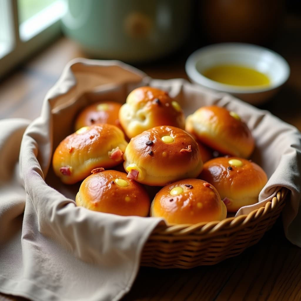 Panecillos dorados de queso brasilero con trocitos de jamón york, esponjosos y rellenos de queso fundido, servidos en una canasta de mimbre sobre un mantel rústico. Receta de pan de queso brasilero con jamón york en airfryer, sin harina.