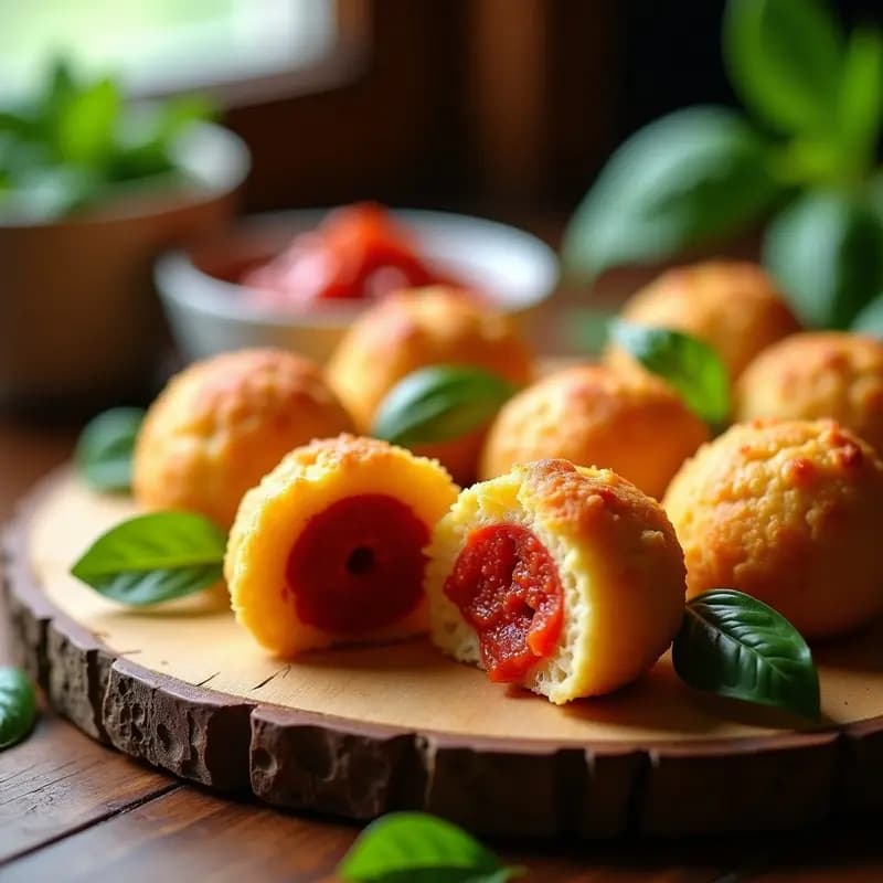 Pan de queso de cassava dorado y crujiente con relleno de pesto rojo asomando, servido en bandeja rústica de madera con hojas de albahaca fresca como decoración. Aperitivo brasileño keto y sin lactosa.