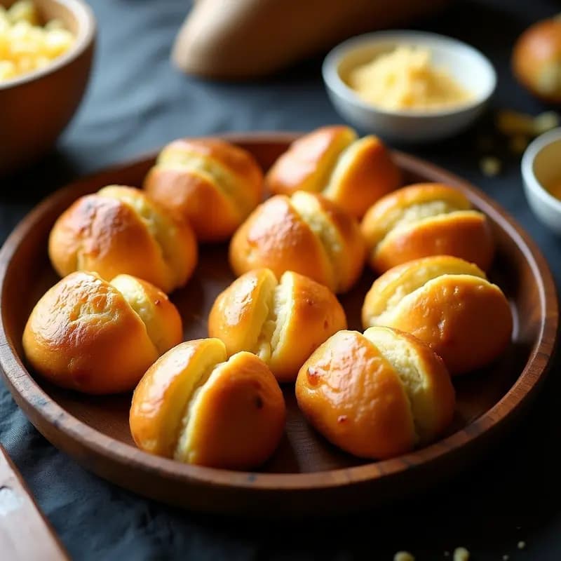 Pan de queso colombiano dorado y crujiente con harina de yuca y añejo, servido en una bandeja de madera rústica con queso derretido visible en su interior, receta sin gluten y extra crujiente.