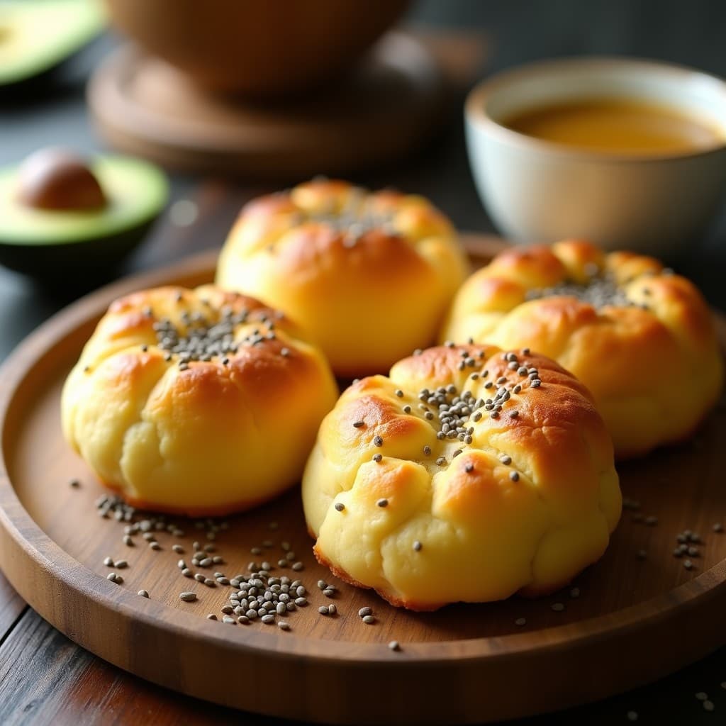 Pan de queso de mandioca y semillas de chía keto sin lácteos, dorado y esponjoso, servido en una tabla de madera rústica con semillas de chía espolvoreadas y rodajas de aguacate al lado.