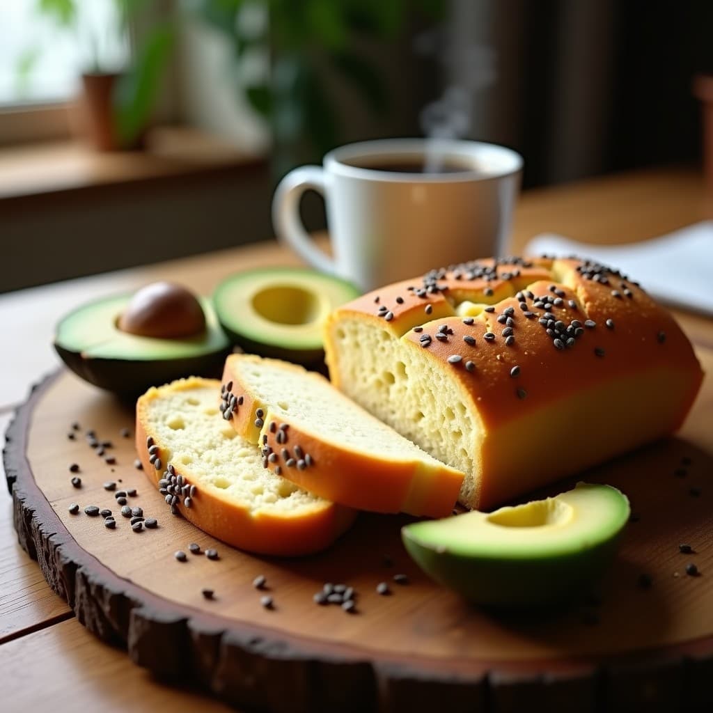 Pan de queso de mandioca dorado con semillas de chía espolvoreadas, cortado en rebanadas gruesas sobre tabla de madera rústica, acompañado de aguacate en rodajas y tomates cherry. Receta sin gluten para desayunos saludables.