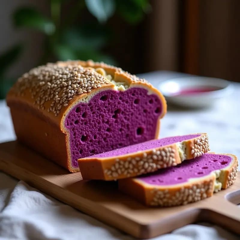 Pan de semillas de chía y lino con jugo de remolacha, receta sin horno y alta en omega-3, cortado en rebanadas sobre tabla de madera rústica con semillas de girasol visibles en la superficie.