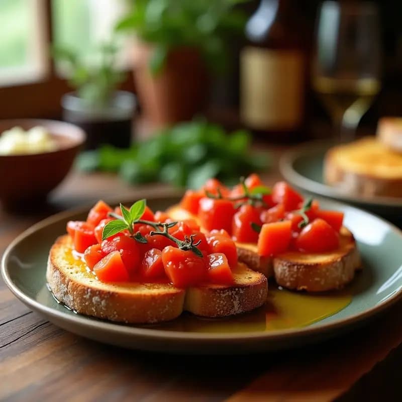 Rebanada de pan tostado dorado con tomate fresco rallado y un hilo de aceite de oliva virgen extra, típico desayuno catalán saludable.