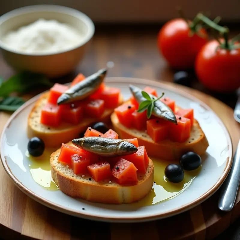 Tapa catalana de pan tostado con tomate frotado, filetes de anchoas y aceitunas negras, servida en plato rústico de barro con aceite de oliva virgen extra.