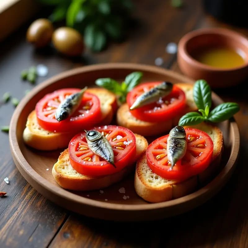 Tapa catalana de pan con tomate y anchoas: rebanada de pan rústico tostado con tomate fresco frotado, filetes de anchoas en aceite y un hilo de aceite de oliva virgen extra, servida en plato de madera.