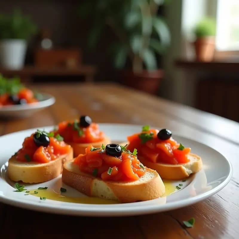 Plato de pan tostado con tomate rallado y ventresca de atún, decorado con perejil fresco y aceitunas negras, sobre fondo rústico de madera. Receta catalana de pan con tomate y ventresca de atún.