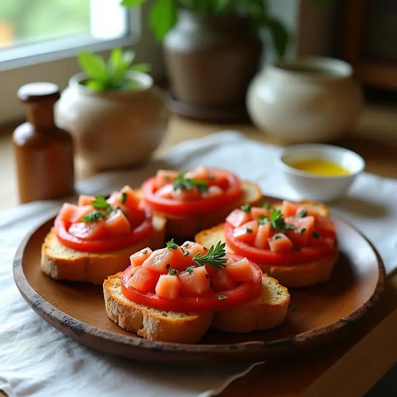 Plato rústico de madera con dos rebanadas de pan tostado cubiertas de tomate rallado fresco y ventresca de atún desmenuzada, espolvoreado con perejil y un hilo de aceite de oliva virgen extra. Receta catalana de pan con tomate y ventresca de atún, lista para servir.
