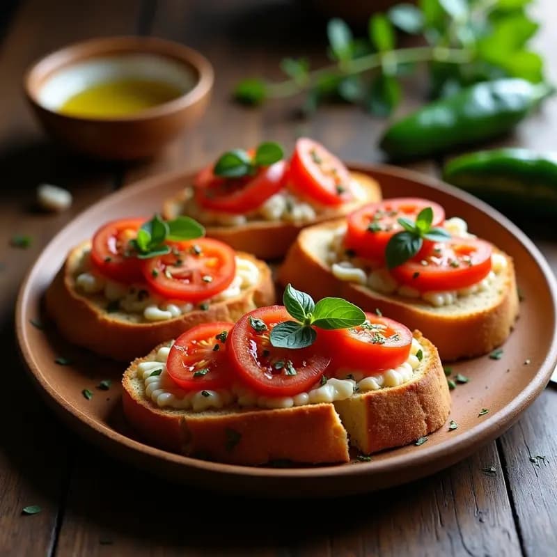 Tostadas de pan rústico dorado con tomate rallado fresco, ventresca de atún desmenuzada y pimientos del Padrón fritos, servidas en plato de madera con aceite de oliva virgen extra y láminas de ajo crujiente. Receta de Pan Tumaca con Ventresca y Pimientos del Padrón, tapa catalana gourmet.