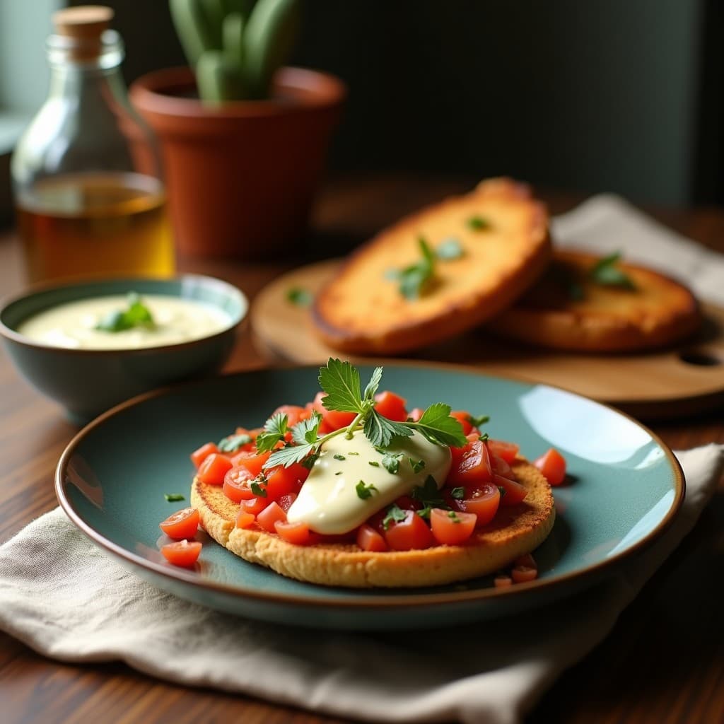 Pan de yuca dorado en forma de tostadas rectangulares rellenas de aioli de ajo negro cremoso, decorado con tiras de tomate seco y hojas de albahaca fresca sobre una tabla de madera rústica.