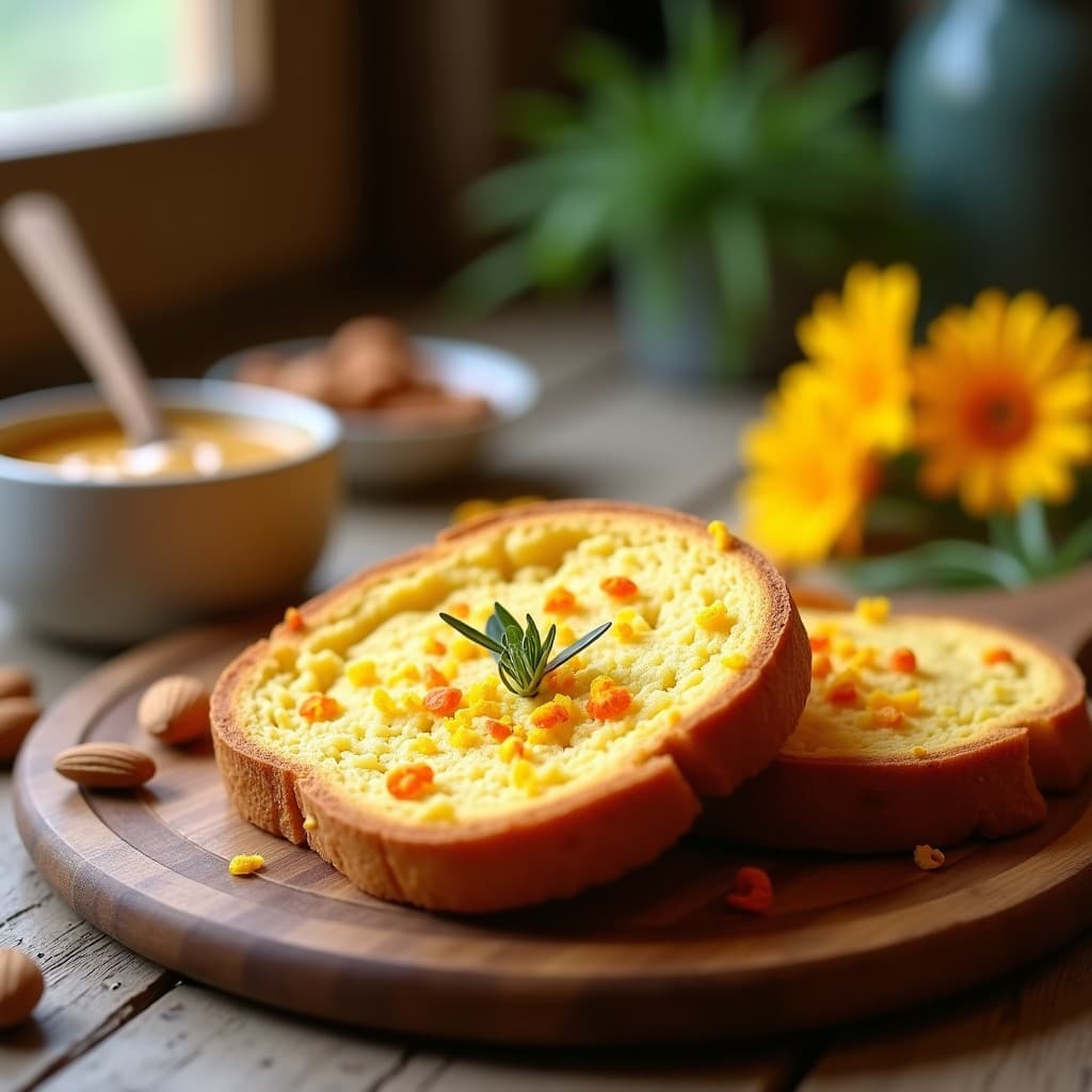 Pan dorado de yuca con semillas de caléndula esparcidas en la superficie, cortado en rodajas gruesas sobre tabla de madera rústica. Acompañado de un cuenco pequeño con mantequilla de almendras cremosa y una cuchara de madera. Fondos borrosos de ingredientes como almendras y flores de caléndula.