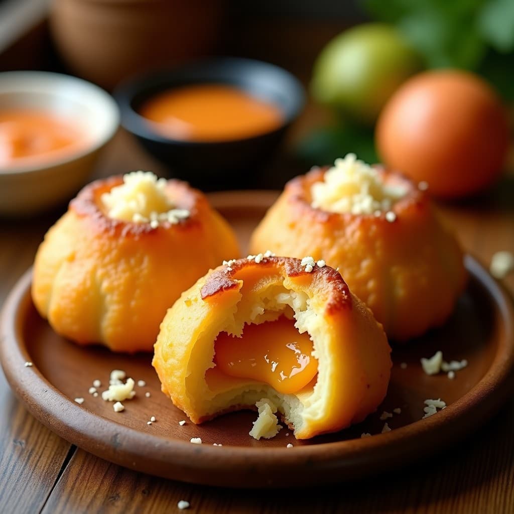 Pan de yuca dorado y crujiente relleno de carimañola y guayaba, servido en un plato rústico con salsa de guayaba al lado, receta colombiana en airfryer.