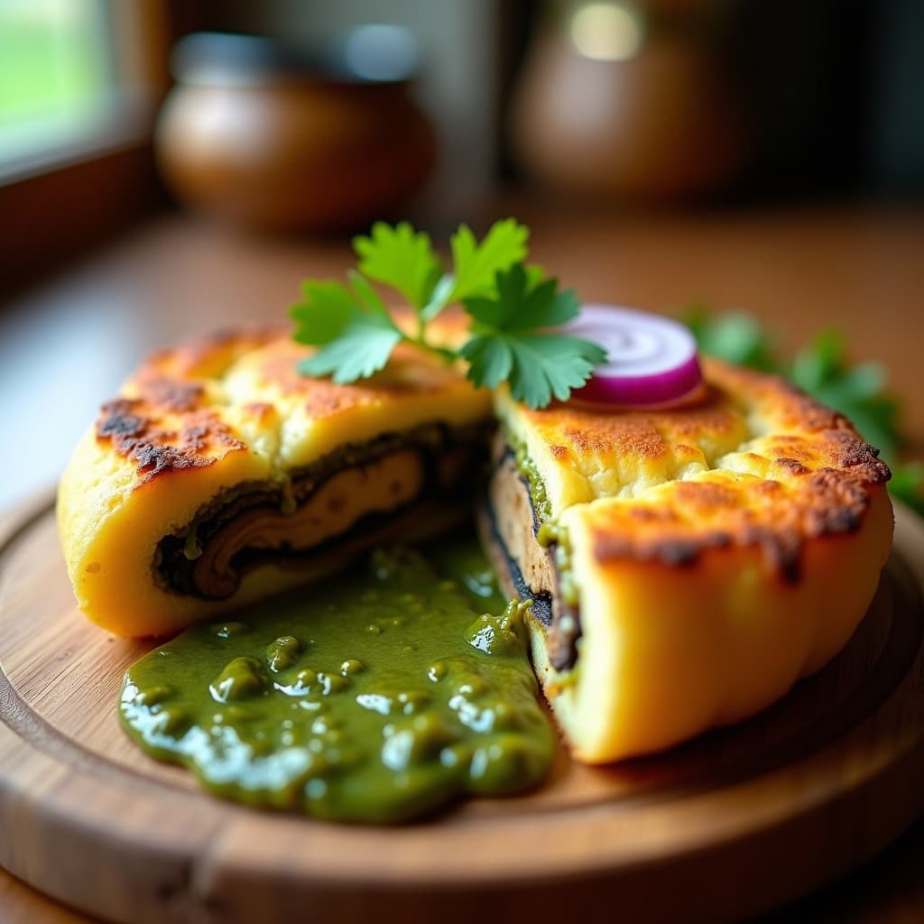 Pan de yuca dorado y esponjoso cortado por la mitad, relleno de hongos portobello salteados y una generosa capa de pesto de cilantro verde brillante, servido en un plato de cerámica blanca sobre fondo rústico de madera.