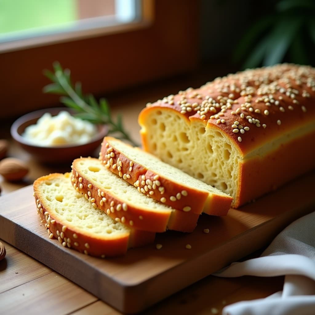 Pan de yuca y queso de almendras keto dorado, con textura esponjosa y semillas de sésamo en la superficie, servido en tabla de madera con rodajas visibles.