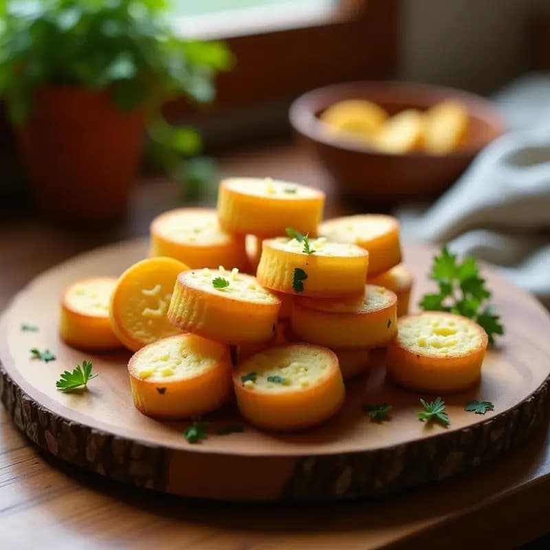 Panecillos dorados de yuca y queso de búfala keto, con textura esponjosa y crujiente, servidos en bandeja rústica de madera con hojas de perejil fresco.