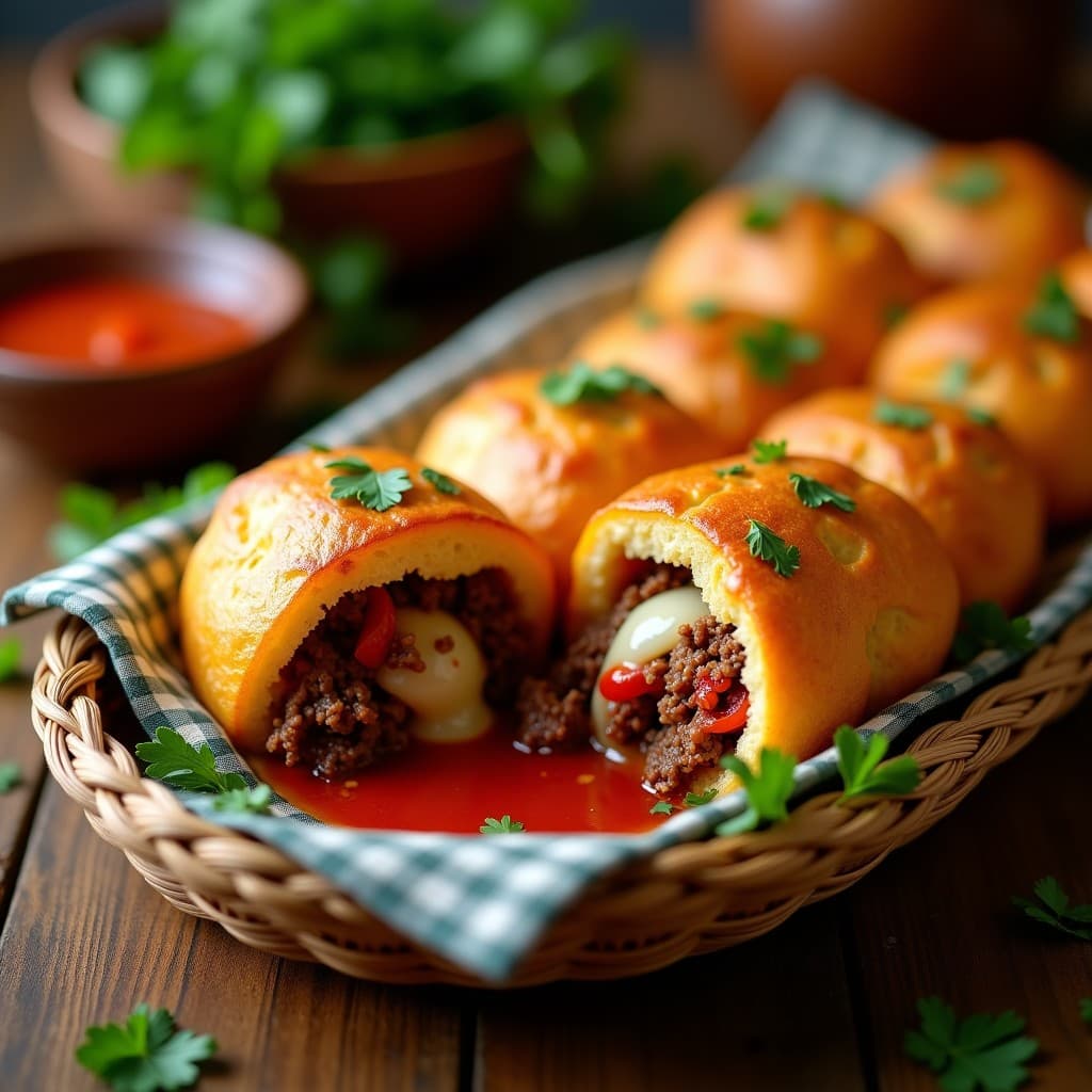 Pan de yuca dorado y crujiente relleno de carne de res desmenuzada y pimientos morrones, con queso derretido asomándose por los bordes, servido en una canasta de mimbre sobre un fondo rústico. Receta colombiana en airfryer.