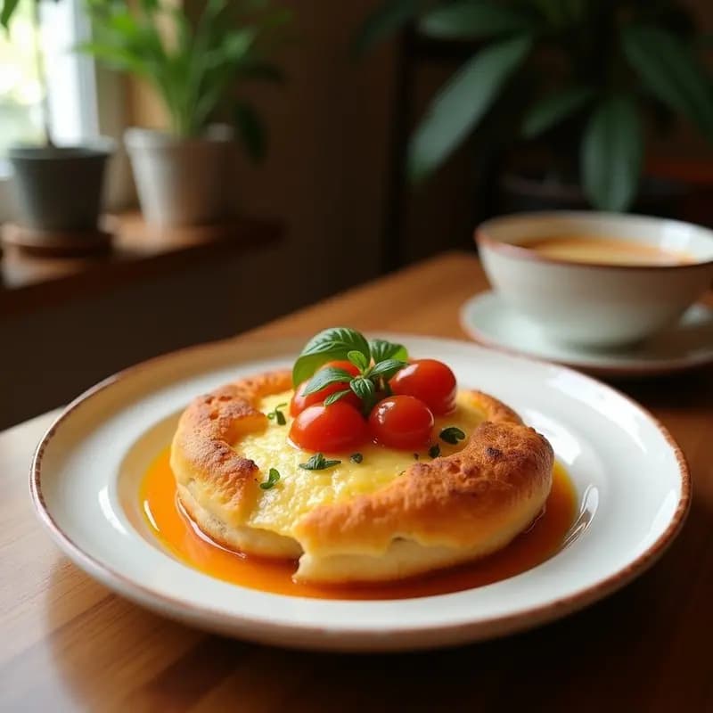 Panecillos dorados de yuca rellenos de chongos zamoranos cremosos y mermelada de guayaba brillante, servidos en un plato de cerámica blanca sobre una mesa rústica de madera. Receta de desayuno colombiano sin harina.