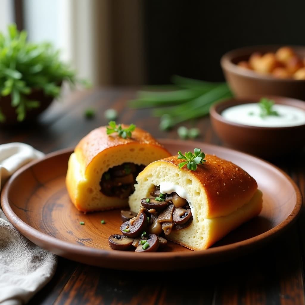 Pan de yuca dorado y esponjoso relleno de hongo shiitake salteado y queso de anacardos cremoso, servido en un plato de madera rústico con hojas de cebollino fresco. Receta brasileña sin gluten.
