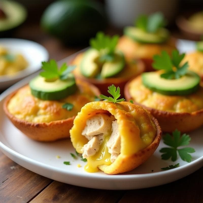 Pan de yuca dorado relleno de pollo al curry cremoso y láminas de aguacate fresco, servido en plato blanco con cilantro picado por encima. Receta colombiana keto.