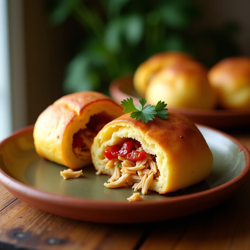 Pan de yuca dorado relleno de pollo desmenuzado y piquillos asados, servido en un plato blanco con queso fresco desmenuzado por encima. Receta colombiana sin gluten.