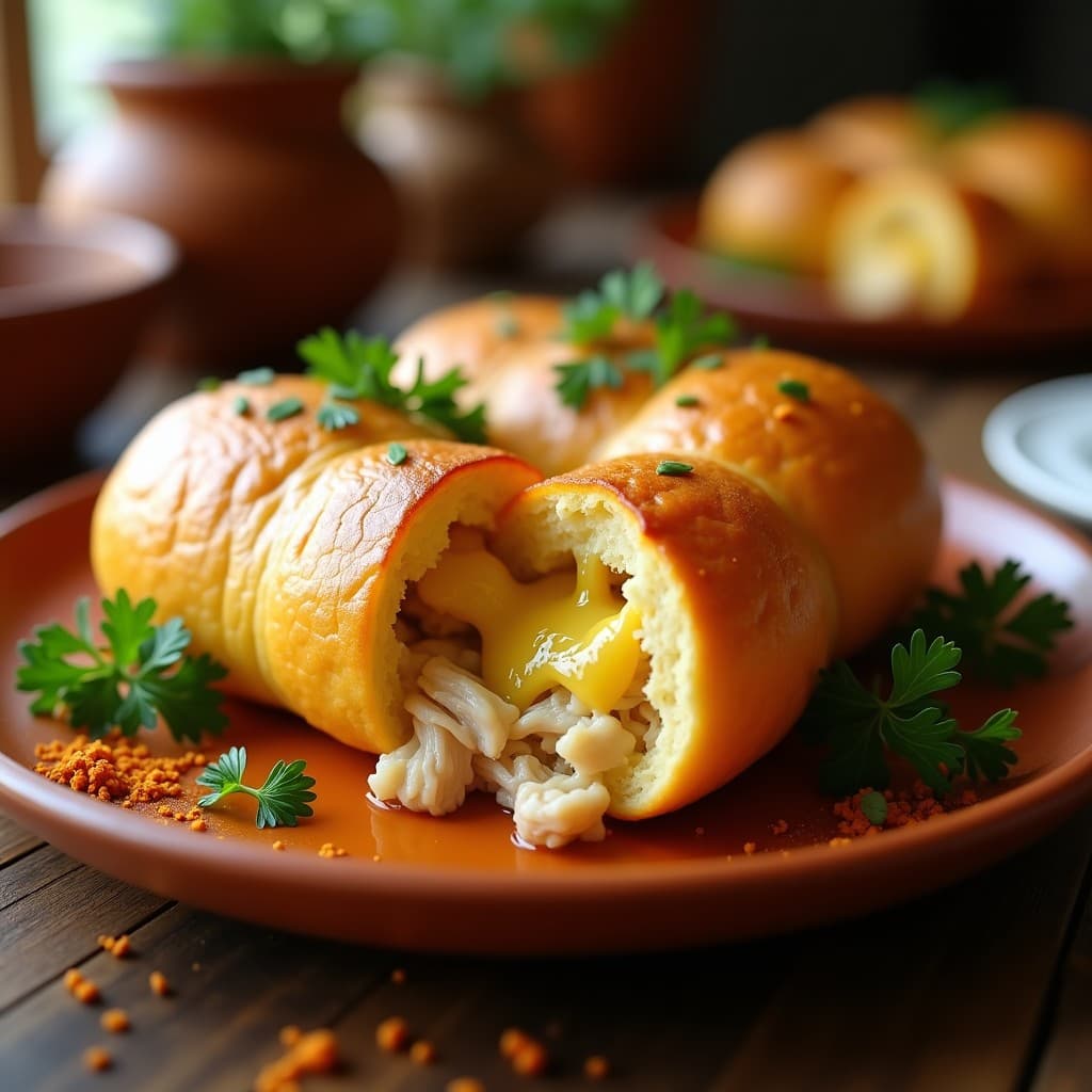 Pan de yuca dorado y esponjoso relleno de pollo desmenuzado y queso mojareño fundido, servido en plato rústico de barro con hierbas frescas y pimentón espolvoreado, receta canaria en olla rápida.