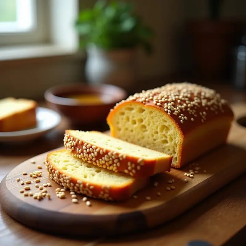 Pan de yuca dorado y esponjoso con semillas de sésamo tostadas en la superficie, cortado en rebanadas gruesas, servido sobre una tabla de madera rústica con un tarro de miel de dátil y unas semillas de sésamo esparcidas alrededor. Receta colombiana sin gluten para desayuno.
