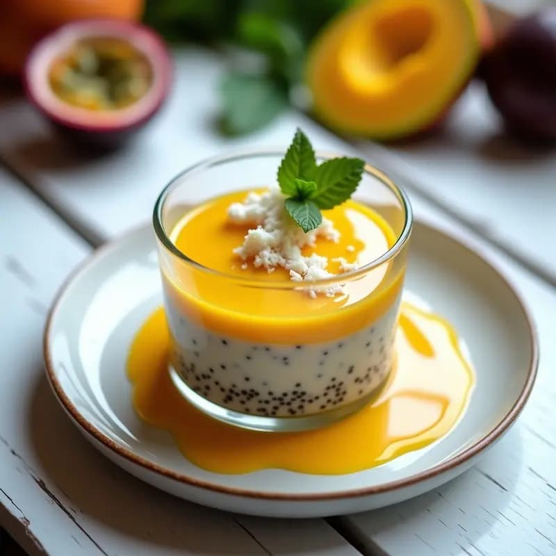 Panacota de mango y chía en copa de cristal transparente, con capas visibles de semillas de chía, bañada en salsa de pasión fruta de color amarillo intenso. Decorada con coco rallado y hojas de menta fresca sobre fondo blanco rústico.