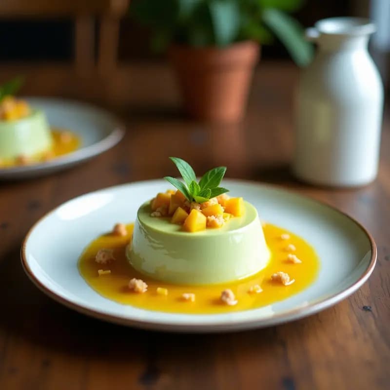 Panacotta de matcha de color verde suave en molde transparente, acompañada de salsa de mango amarilla con semillas de chía negras y hojas de menta, postre japonés sin lactosa sobre fondo blanco.